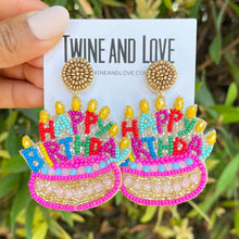 Load image into Gallery viewer, Festive statement earrings featuring a beaded birthday cake motif topped with colorful candles, perfect for birthdays, parties, and special occasions.