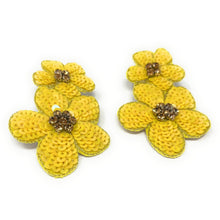Load image into Gallery viewer, Vibrant flower drop earrings with bright yellow petals, intricate sequin detailing, and glamorous crystal accents.
