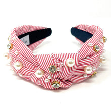 Load image into Gallery viewer, Elegant pink stripe statement headband adorned with mixed pearl embellishments and crystal accents for a polished finish.