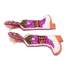 Load image into Gallery viewer, Western-inspired statement earrings shaped like pink cowgirl boots with sparkling embellishments and jeweled floral tops.