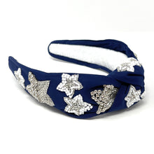 Load image into Gallery viewer, Chic satin headband featuring sparkling crystal butterflies and intricate beadwork on a rich royal blue fabric base.