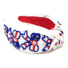 Load image into Gallery viewer, headband for women, Patriotic Knot headband, USA Flag headbands, Patriotic knotted headband, summer top knot headband, USA Bow top knot headband, USA flag bow knotted headband, USA Patriotic hair band, USA party, beaded USA knot headband, statement headbands, top knotted headband, knotted headband, Fourth of July gifts,  embellished headband, gemstone knot headband, luxury headband, embellished knot headband, jeweled knot headband, Fourth of July headbands, 4th of July headband