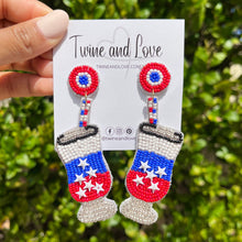 Load image into Gallery viewer, July 4th Earrings, USA Earrings, Fourth of July Earrings, Independence Day Jewelry, America Earrings, American Earrings, Patriot Earrings,USA Earrings, Patriotic, American Earrings, Star Beaded Earrings, Seed Bead Earrings, Stars &amp; Stripes, freedom Patriotic Earrings, USA Start Earrings, 4th of July Star earrings, Star Fashion Earrings, Memorial Day Earrings, Stars Beaded, Fashion Statement, USA  cocktail earrings, USA earrings, handmade earrings, Cocktail earrings, red white blue earrings