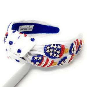 headband for women, Patriotic Knot headband, USA Flag headbands, Patriotic knotted headband, summer top knot headband, USA stars top knot headband, USA flag bow knotted headband, USA Patriotic hair band, USA party, beaded USA knot headband, statement headbands, top knotted headband, knotted headband, Fourth of July gifts,  embellished headband, gemstone knot headband, luxury headband, embellished knot headband, jeweled knot headband, Fourth of July headbands, 4th of July headband