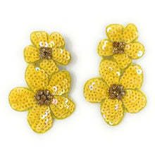 Load image into Gallery viewer, Cheerful yellow flower earrings with shimmering sequins and crystal embellishments for a playful summer look.