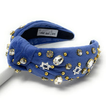 Load image into Gallery viewer, Hanukkah Jeweled Headband, Hanukkah Knotted Headband, Chanukah Knotted Headband, Chanukah Hair Accessories, Hanukkah Headband, Best Seller, headbands for women, best selling items, knotted headband, hairbands for women, Hanukkah gifts, Chanukah knot Headband, Blue hair accessories, Christmas headband, Chanukah holiday headband, Statement headband, Jewish Holiday gifts, embellished knot headband, jeweled knot headband, Blue Jeweled headband, Hanukkah Embellished headband, Chanukah embellished headband