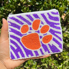 Load image into Gallery viewer, Beaded coin purse, beaded coin pouch, GameDay Purse, Beaded pouch, Coin purse, coin pouch, College GameDay pouch, tigers coin purse, tigers clemson beaded coin purse, tigers college coin purse, college coin pouch, beaded purse, best friend gift, college coin bag, college gameday gift, clemson coin pouch, purple coin purse, orange paw coin pouch, Tigers gifts, Clemson Tigers, college gifts, college football coin purse, Clemson College football, college football coin pouch