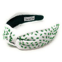 Load image into Gallery viewer, headbands for women, green knotted headband, headband style, top knot headband, green top knot headband, lucky charm headband, lucky charm hair band, green knot headband, top knotted headband, St Patrick’s headband, handmade headbands, top knotted headband, hand bead knotted headband, Clover leaf hair band for women, Hand bead St. Patrick’s headband, statement headbands, embellished headband, chic headband, sprinkle knot headband, Celtic headband, green hair accessories, green sprinkles headband
