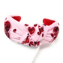 Load image into Gallery viewer, VALENTINES Jeweled Headband, Heart Headbands for Women, Heart Jeweled Knot Headband, Jeweled Knot Headbands, Valentines Day Knotted Headband, knotted headband, birthday gift for her, headbands for women, best selling items, knotted headbands, hair accessories, pink knot headband, valentine headband, valentines headband, valentines day gifts, embellished headband, heart stud headband, Pink headband, Pink hearts headbands, heart, bling headband, hearts knot headband, red Hearts headband