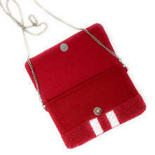 Load image into Gallery viewer, Beaded clutch purse, red beaded clutch, GameDay Purse, roll tide Beaded bag, roll tide purse, Game Day purse, Alabama college, game day college purse, roll tide beaded purse, best friend gift, college bag, college game day gift, red purse gifts,  roll tide bead purse, college gifts, college football red clutch, red beaded purse, red with white striped purse, red purse with white stripes, tailgating outfit, tailgating beaded clutch, Football beaded clutch, woo pig purse, Razorbacks purse 