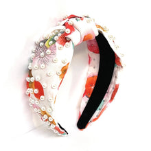 Load image into Gallery viewer, Floral Knot Headband, Headbands for Women, Pearl Knot headband, Floral Jeweled Headband, Hair Accessories, Knotted Headband, Best Seller, headbands for women, hair accessories, spring hair accessories, top knot headband, Pearl knotted headband, chic headband, trendy headband, best selling items, floral print headband, spring headbands for women, easter headband, easter accessories, preppy headband, best friend gift, pearly headband, pearl knot headband, floral headband, jeweled headband, summer headbands