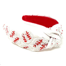Load image into Gallery viewer, headband for women, baseball Knot headband, baseball lover headband, baseball knotted headband, baseball top knot headband, baseball top knotted headband, white knotted headband, baseball hair band, beaded baseball knot headband, white color baseball headband, statement headbands, top knotted headband, knotted headband, baseball lover gifts, baseball embellished headband, luxury headband, baseball fan gifts, jeweled knot headband, baseball knot embellished headband