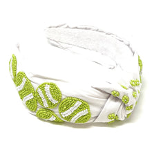 Load image into Gallery viewer, headband for women, tennis Knot headband, tennis lover headband, tennis knotted headband, tennis top knot headband, tennis top knotted headband, white knotted headband, tennis hair band, beaded baseball knot headband, green color tennis headband, statement headbands, top knotted headband, knotted headband, tennis lover gifts, baseball embellished headband, luxury headband, baseball fan gifts, jeweled knot headband, tennis knot embellished headband