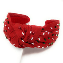 Load image into Gallery viewer, Christmas Headbands, Christmas Knotted Headband, Red Sprinkles Knotted Headband, Christmas Hair Accessories, Holiday Sprinkles Headband, Best Seller, headbands for women, best selling items, knotted headband, hairbands for women, Christmas gifts, Red knot Headband, Red hair accessories, Holiday Kot headband, Red holiday headband, Statement headband, Red Headband gifts, embellished knot headband, Sprinkles knot headband, Red Jeweled headband, red Embellished headband, Christmas embellished headband
