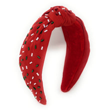 Load image into Gallery viewer, Christmas Headbands, Christmas Knotted Headband, Red Sprinkles Knotted Headband, Christmas Hair Accessories, Holiday Sprinkles Headband, Best Seller, headbands for women, best selling items, knotted headband, hairbands for women, Christmas gifts, Red knot Headband, Red hair accessories, Holiday Kot headband, Red holiday headband, Statement headband, Red Headband gifts, embellished knot headband, Sprinkles knot headband, Red Jeweled headband, red Embellished headband, Christmas embellished headband