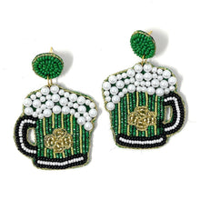 Load image into Gallery viewer, Green Beaded Earrings, Saint Patrick’s Day Earrings, St. Pats Earrings, Saint Patricks Day Beer Mug Beaded Earrings, Green Clover Leaf earrings, Shamrock beaded earrings, St. Patricks beaded earrings, Four Clover Leaf beaded earrings, St, Patricks beaded earrings, Beer mug bead earrings, Green seed bead earrings, St. Patrick’s day gifts, St. Patrick’s day accessories, holiday beaded accessories, Green accessories, St Patrick’s Day Shamrock earrings, Shamrock gifts, best Selling items