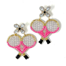 Load image into Gallery viewer, tennis Beaded Earrings, Tennis racket Earrings, Racket tennis Earrings, tennis racket Beaded Earrings, Racket earrings, Tennis lover beaded earrings, Pink tennis beaded earrings, Tennis earrings, Beaded earrings, Pink bead earrings, Tennis seed bead earrings, Tennis gifts, Tennis sport accessories, tennis lover beaded accessories, Tennis accessories, gifts for tennis lover, Tennis gifts for mom, best Selling items