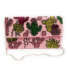 Load image into Gallery viewer, beaded clutch purse, birthday gift for her, summer clutch, seed bead purse, beaded bag, summer bag, boho purse, engagement gift, bridal gift to bride, bridal gift, wedding gift, cross body purse, bride to be gift, engagement gift, bachelorette gifts, best friend gift, Pink Desert Cactus Clutch, Succulent Southwestern Boho Beaded Crossbody Purse, Beaded Clutch Bag, Rodeo Cowgirl Handbag, Party Clutch Purse, best selling items, best seller, cactus lover, rodeo girl, cowgirl rodeo purse, pink cowgirl purse,