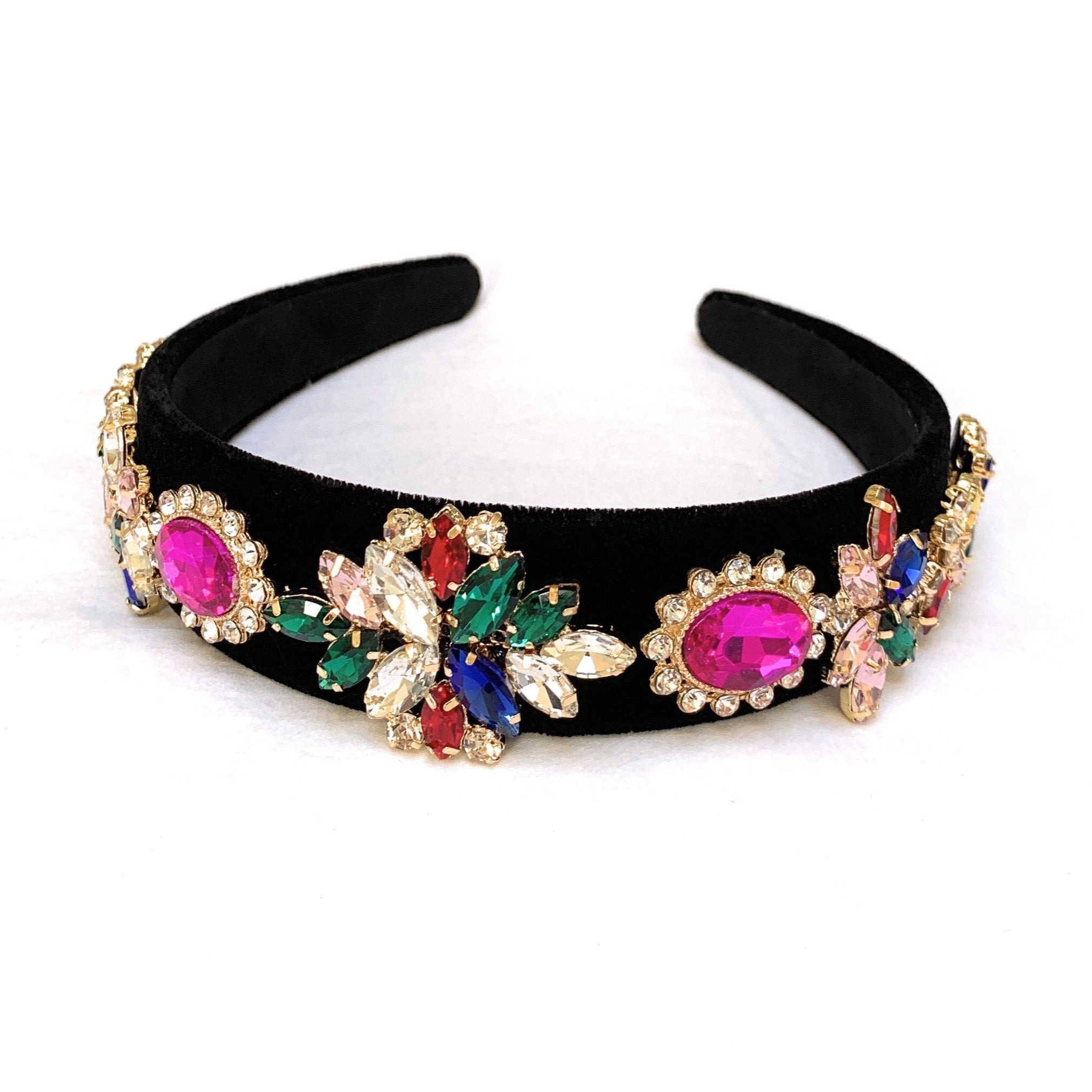 Embellished Black Headband with Multicolor Gems Puffy Black Velvet and Clear Rhinestone Headband – Pink  main image 4