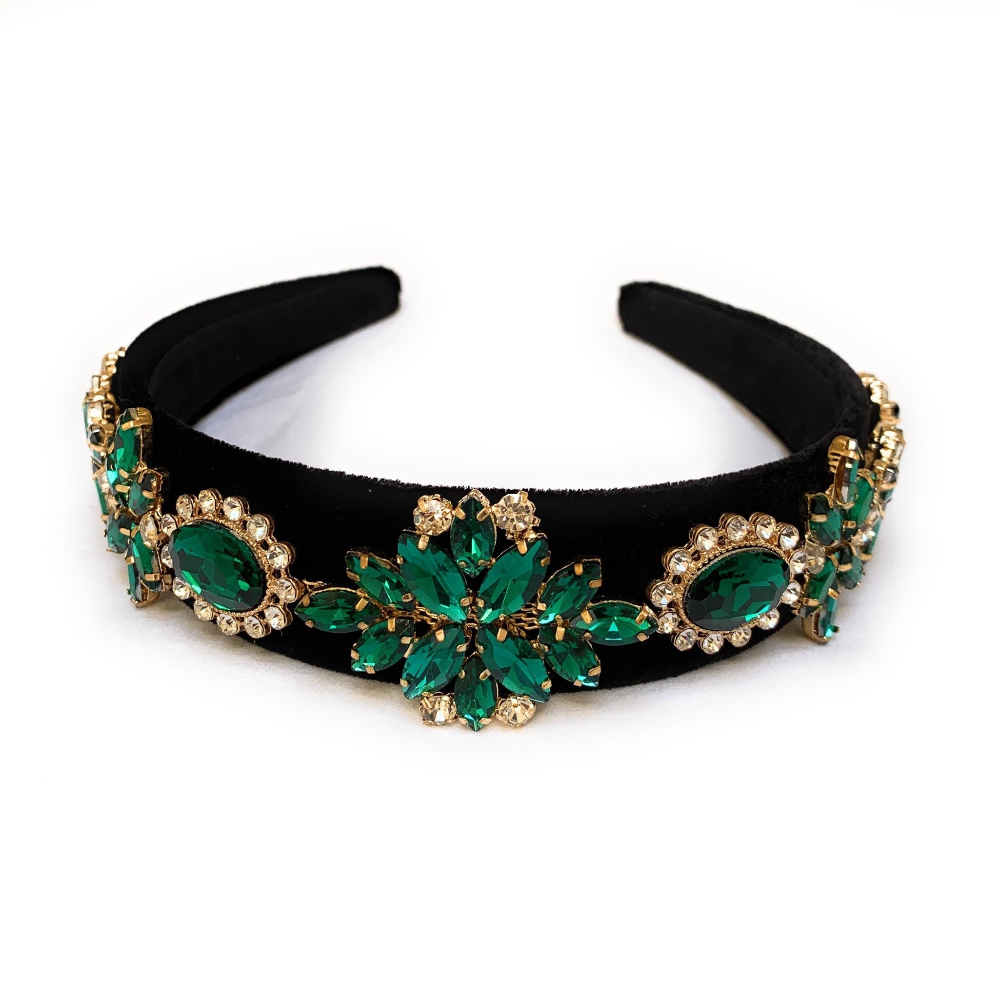 Black Velvet Jeweled Headband with Emerald Accents Set of 2 Jeweled Headbands Black Velvet Emerald Green  main image 4