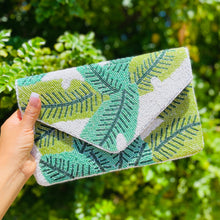 Load image into Gallery viewer, palm leaves beaded clutch purse, palm leaf beaded bag, birthday gift for her, summer clutch, seed bead purse, beaded bag, palm leaf handbang, beaded bag, seed bead clutch, summer bag, birthday gift for her, clutch bag, seed bead purse, engagement gift, bridal gift to bride, bridal gift, palm leaves purse, gifts to bride, gifts for bride, wedding gift, bride gifts, palm leaves clutch purse, palm leaves handbag, crossbody purse, crossbody bag, palm leaves crossbody bag, palm leaves handbag