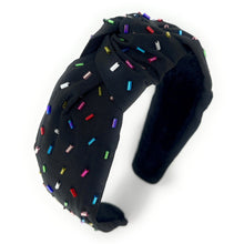 Load image into Gallery viewer, headband for women, sprinkles Knotted headband, headbands for women, birthday headbands, top knot headband, sprinkles top knot headband, rainbow headband, sprinkles hair band, trendy headbands, top knotted headband, statement headbands, top knotted headband, knotted headband, party headbands, trendy headband, fashion headbands, embellished headband, rhinestone headband, gemstone headband for women, luxury headband, jeweled headband for women, jeweled knot headband, happy birthday headbands 