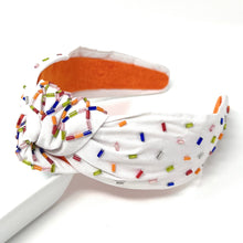 Load image into Gallery viewer, headband for women, sprinkles Knotted headband, headbands for women, birthday headbands, top knot headband, sprinkles top knot headband, rainbow headband, sprinkles hair band, trendy headbands, top knotted headband, statement headbands, top knotted headband, knotted headband, party headbands, trendy headband, fashion headbands, embellished headband, rhinestone headband, gemstone headband for women, luxury headband, jeweled headband for women, jeweled knot headband, happy birthday headbands 