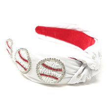 Load image into Gallery viewer, headband for women, baseball Knot headband, baseball lover headband, baseball knotted headband, baseball top knot headband, baseball top knotted headband, white knotted headband, baseball hair band, beaded baseball knot headband, white color baseball headband, statement headbands, top knotted headband, knotted headband, baseball lover gifts, baseball embellished headband, luxury headband, baseball fan gifts, jeweled knot headband, baseball knot embellished headband