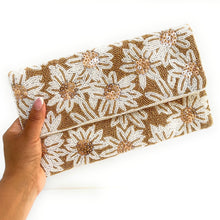 Load image into Gallery viewer, White flowers beaded clutch purse, birthday gift for her, summer clutch, seed bead purse, beaded bag, palm leaf handbang, beaded bag, seed bead clutch, summer bag, birthday gift for her, clutch bag, seed bead purse, engagement gift, bridal gift to bride, bridal gift, palm leaves purse, gifts to bride, gifts for bride, wedding gift, bride gifts,beaded clutch purse, birthday gift for her, summer clutch, seed bead purse, beaded bag, summer bag, boho purse, nude color purse, bronze color purse