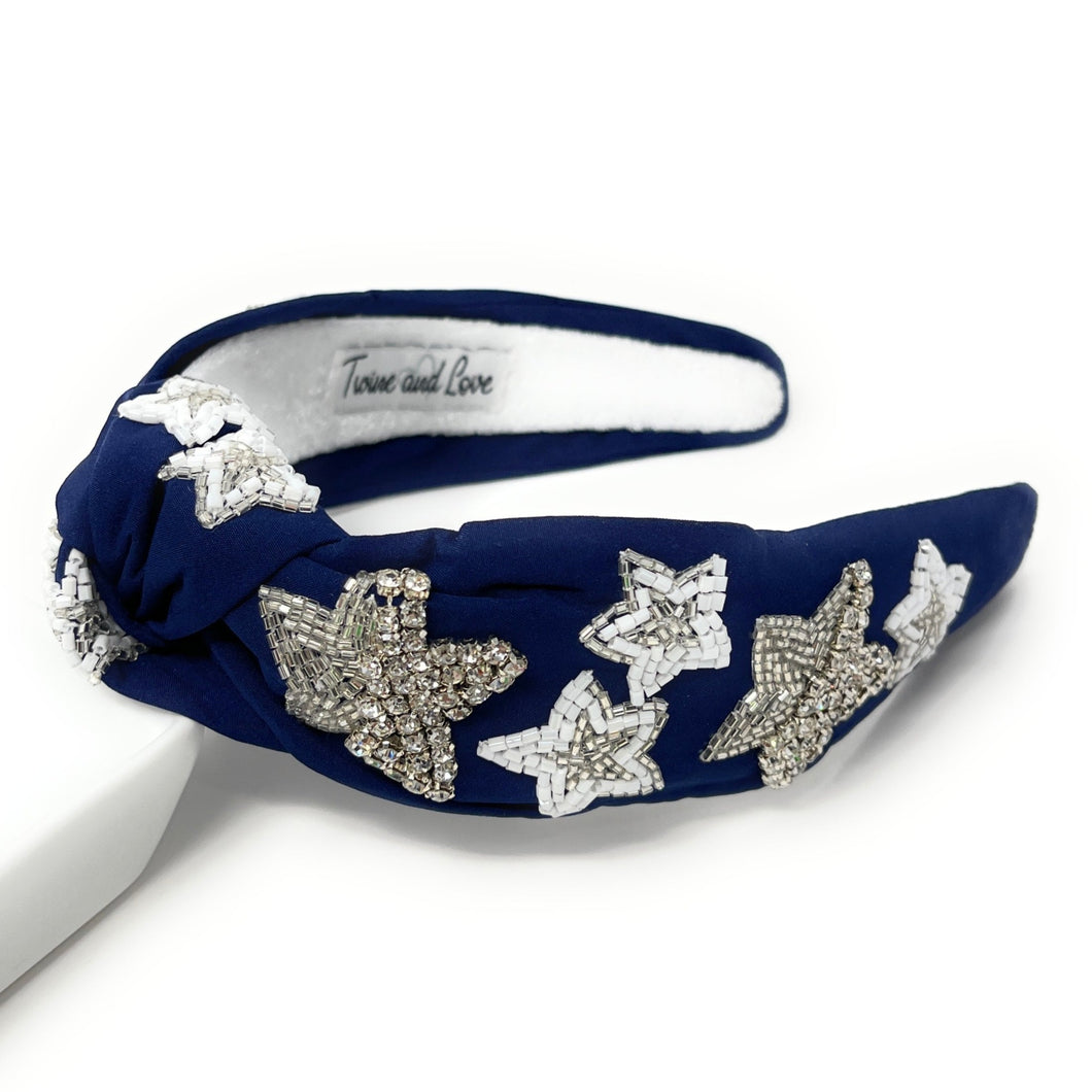 headband for women, blue beaded Knot headband, bead headbands for women, birthday headbands, top knot headband, beaded top knot headband, stars knot headband, blue hair band, gameday headbands, blue sliver headband, statement headbands, top knotted headband, knotted headband, party headbands, cowboys knot headband, Cowboys headbands, star embellished headband, gemstone knot headband, luxury headband, Cowboys fan accessories, Cowboys jeweled knot headband, Hand beaded headband, hand sewn headband