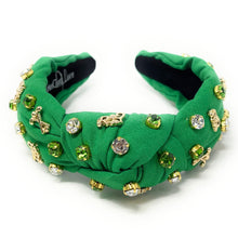 Load image into Gallery viewer, headband for women, Golf Knot headband, golf lover headband, Golf knotted headband, golf top knot headband, golf top knotted headband, Green knotted headband, Golf hair band, Golfer knot headbands, Green color golfer headband, statement headbands, top knotted headband, knotted headband, golf love gifts, golf embellished headband, gemstone knot headband, luxury headband, embellished knot headband, jeweled knot headband, Golf knot embellished headband