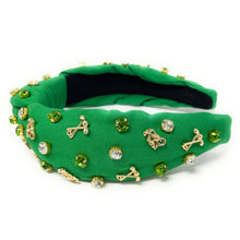 Load image into Gallery viewer, headband for women, Golf Knot headband, golf lover headband, Golf knotted headband, golf top knot headband, golf top knotted headband, Green knotted headband, Golf hair band, Golfer knot headbands, Green color golfer headband, statement headbands, top knotted headband, knotted headband, golf love gifts, golf embellished headband, gemstone knot headband, luxury headband, embellished knot headband, jeweled knot headband, Golf knot embellished headband