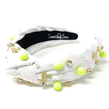 Load image into Gallery viewer, headband for women, tennis Knot headband, tennis lover headband, tennis knotted headband, tennis top knot headband, tennis top knotted headband, white knotted headband, tennis hair band, tennis knot headbands, white color tennis headband, statement headbands, top knotted headband, knotted headband, tennis lover gifts, tennis embellished headband, gemstone knot headband, luxury headband, embellished knot headband, jeweled knot headband, tennis knot embellished headband