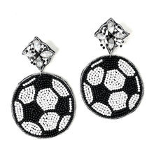 Load image into Gallery viewer, Soccer Beaded Earrings, Soccer ball Earrings, Soccer Earrings, Soccer Beaded Earrings, Soccer Bead earrings, Soccer lover beaded earrings, black and white beaded earrings, Futbol aretes, Aretes de Futbol, Beaded earrings, Black bead earrings, Soccer seed bead earrings, Soccer gifts, Soccer sport accessories, Soccer lover beaded accessories, Tennis accessories, gifts for soccer lover, Soccer gifts for mom, best Selling items, Soccer mom lover