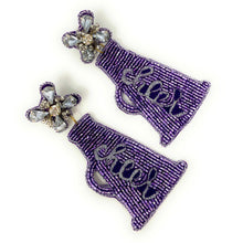 Load image into Gallery viewer, cheerleader Beaded Earrings, beaded cheers Earrings, cheers Earrings, purple Beaded Earrings, cheerleader earrings, cheerleading lover beaded earrings, cheerleader spirit wear beaded earrings, cheer spirit earrings, Beaded earrings, cheer bead earrings, cheerleader seed bead earrings, cheerleader gifts, cheerleader accessories, cheering lover beaded accessories, cheerleader accessories, gifts for cheerleaders, best Selling items