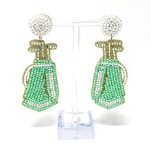 Load image into Gallery viewer, golf cart Beaded Earrings, beaded golf cart Earrings, golf Earrings, golf Beaded Earrings, golf cart earrings, golf cart lover beaded earrings, golf spirit wear beaded earrings, golf spirit earrings, Beaded earrings, golf bead earrings, golf seed bead earrings, golf gifts, golf accessories, golf lover beaded accessories, golf lover accessories, gifts for golfers, best Selling items, Golfer gifts, golf bag earrings, golf bag beaded earrings, beaded golf earrings for her, white earrings, white golf earrings