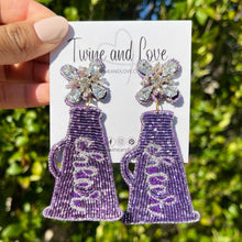 Load image into Gallery viewer, cheerleader Beaded Earrings, beaded cheers Earrings, cheers Earrings, purple Beaded Earrings, cheerleader earrings, cheerleading lover beaded earrings, cheerleader spirit wear beaded earrings, cheer spirit earrings, Beaded earrings, cheer bead earrings, cheerleader seed bead earrings, cheerleader gifts, cheerleader accessories, cheering lover beaded accessories, cheerleader accessories, gifts for cheerleaders, best Selling items