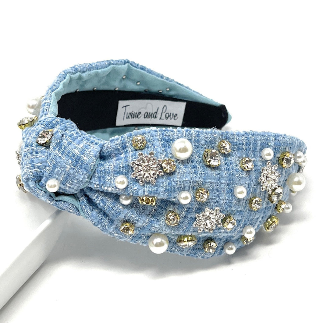 Christmas Jeweled Headband, Christmas Knotted Headband, Blue tweed Knotted Headband, Christmas Hair Accessories, Holiday Knotted Headband, Best Seller, headbands for women, best selling items, knotted headband, hairbands for women, Christmas gifts, Christmas knot Headband, Tweed hair accessories, Snowflake Jeweled Knotted headband, Statement headband, Blue Tweed Headband, embellished knot headband, jeweled knot headband, Blue Jeweled headband, Tweed Embellished headband, Christmas embellished headband
