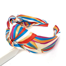 Load image into Gallery viewer, headband for women, striped knot headband, striped headband  for women, stylish headbands, headband style, top knot headband, top knot headband, multi headband, hairband, trendy headbands, top knotted headband, handmade headbands, top knotted headband, headband, fashion headbands, multicolor headband, rhinestone headband, gemstone headband for women, multi Striped headband, multi striped knot headband, retro print headband, vintage headband, retro knot headband, retro print knot headband 