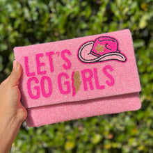 Load image into Gallery viewer, Let’s go girls Beaded Clutch Purse, Pink Beaded Clutch Bag, Beaded Clutch Purse, Country Girl Gifts, Party Clutch Purse, Birthday Gift, Bridal Gift, Party Bag, Pink Beaded clutch purse, Lets go girls seed bead clutch, lets go girls accessories, engagement gift, gifts for bachelorette, crossbody purse, best friend gifts, yeehaw clutch, Lets go girls beaded purse, cowgirl purse, western purse, country music lover gifts, lets go girls, bachelorette gifts, pink seed clutch, evening bags, evening clutches