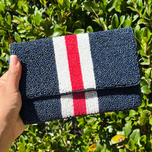 Load image into Gallery viewer, Beaded clutch purse, hotty toddy  beaded clutch, GameDay Purse, ole miss Beaded bag, Ole Miss purse, Game Day purse, Hotty Toddy game day college purse, purple orange beaded purse, best friend gift, college bag, college game day gift, Ol Miss gifts, dark blue beaded purse, college gifts, college football orange clutch, red white striped purse, blue red purse with white stripes, tailgating outfit, tailgating beaded clutch, Football beaded clutch, ole miss fans gifts