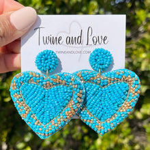 Load image into Gallery viewer, Bachelorette earrings, bride to be gifts, LETS GO GIRLS EARRINGS, turquoise heart earrings, cowgirl earrings, cowgirl beaded earrings, cowgirl beaded accessories, cowgirl accessories, cowgirl earrings, cowgirl beaded earrings, bachelorette gifts, bachelorette beaded earrings, bachelorette party favors, Texas party favors, turquoise beaded earrings, Texas earrings, country girl gifts, country girl earrings, Yeehaw Beaded earrings, howdy earrings, turquoise earrings, heart accessories