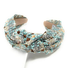 Load image into Gallery viewer, headband for women, tweed Knotted headband, Plaid tweed headband for women, nude color jeweled headband, neutral color top knot headband, nude color top knot headband, Beige knot headband, knot hair band, Jeweled knot headbands, blue plaid top knot headband, statement headbands, top knotted headband, knotted headband, Statement headband, embellished headband, winter knot headband, gemstone headband for women, luxury headband, jeweled headband for women, tweed headbands, plaid tweed knot headband 