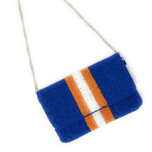 Load image into Gallery viewer, Beaded clutch purse, gators beaded clutch, GameDay Purse, gators Beaded bag, go gators purse, Game Day purse, Gators florida, game day college purse, blue orange beaded purse, best friend gift, college bag, college game day gift, orange burnt gifts, royal blue beaded purse, college gifts, college football orange clutch, royal blue orange beaded purse, blue striped purse, blue white purse with orange stripes, tailgating outfit, tailgating beaded clutch, Football beaded clutch, go gators fans gifts