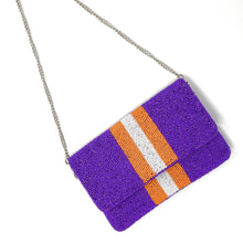 Load image into Gallery viewer, Beaded clutch purse, Clemson tigers beaded clutch, GameDay Purse, gators Beaded bag, go gators purse, Game Day purse, Clemson tigers, game day college purse, purple orange beaded purse, best friend gift, college bag, college game day gift, orange burnt gifts, purple orange beaded purse, college gifts, college football orange clutch, orange striped purse, purple white purse with orange stripes, tailgating outfit, tailgating beaded clutch, Football beaded clutch, clemson fans gifts