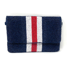 Load image into Gallery viewer, Beaded clutch purse, hotty toddy  beaded clutch, GameDay Purse, ole miss Beaded bag, Ole Miss purse, Game Day purse, Hotty Toddy game day college purse, purple orange beaded purse, best friend gift, college bag, college game day gift, Ol Miss gifts, dark blue beaded purse, college gifts, college football orange clutch, red white striped purse, blue red purse with white stripes, tailgating outfit, tailgating beaded clutch, Football beaded clutch, ole miss fans gifts