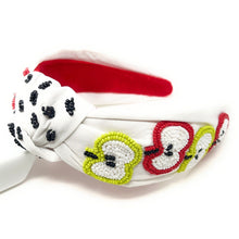 Load image into Gallery viewer, headband for women, apple beaded Knot headband, bead headbands for women, birthday headbands, top knot headband, beaded top knot headband, Apples knot headband, Teacher appreciation gifts, Apple hair band, White knotted headband, Apple motif headband, statement headbands, top knotted headband with apples, knotted headband, party headbands, Summer knot headband, Teacher headbands, Gifts for teachers, Teacher gift ideas, Teacher must have  