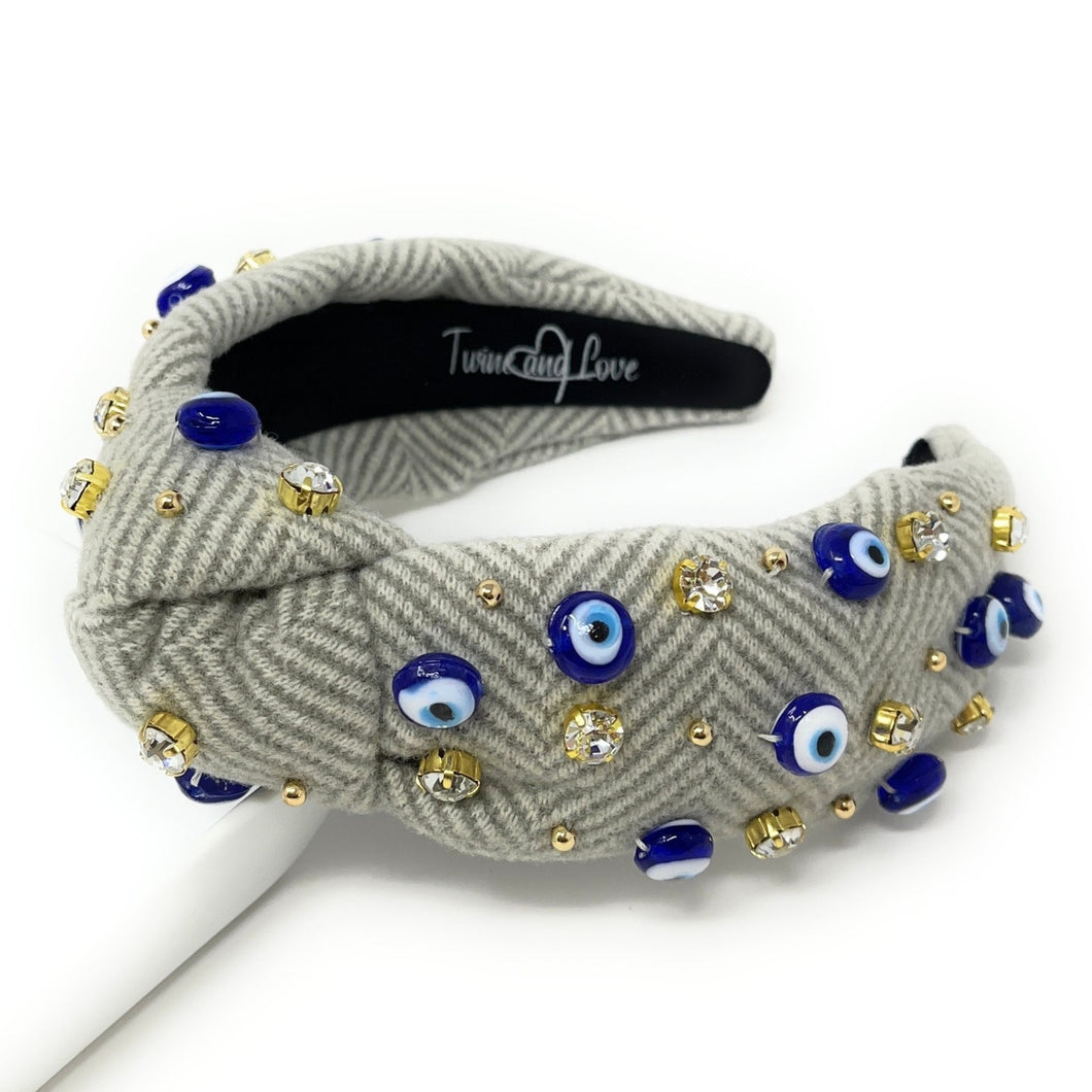 headband for women, Evil eye Knotted headband, headbands for women, Evil Eye headbands, top knot headband, Evil Eye top knot headband, Gray Tweed headband, Tweed knot hair band, trendy headbands, top knotted headband, statement headbands, top knotted headband, knotted headband, party headbands, trendy headband, fashion headbands, embellished headband, rhinestone headband, gemstone headband for women, luxury headband, jeweled headband for women, jeweled knot headband, Evil Eye tweed Knot headband
