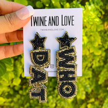 Load image into Gallery viewer, Football Earrings, GameDay Earrings, Football Earrings, Team Earrings, Game Day Outfit, Saints earrings, earrings for women, summer earrings, game day earrings, New Orleans Saints earrings, team game, college team earrings, game day outfit, football earrings, college gifts, Saints earrings, team earrings, college team gifts, New Orleans Saints earrings, team beaded earrings, college earrings, gameday outfit, Whot Dat beaded earrings, Saints earrings, New Orleans Saints gifts, Saints beaded earrings