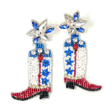 Load image into Gallery viewer, July 4th Earrings, USA  Earrings, Fourth of July Earrings, Independence Day Jewelry, America Earrings, American Earrings, Patriot Earrings, USA Flag Earrings, Flag Patriotic earrings, American Earrings, Star Beaded Earrings, Fourth of July Beaded Earrings, freedom Patriotic Earrings, USA Cowboy Boots Earrings, 4th of July earrings, Cowboy Fashion Earrings, Memorial Day Earrings, USA flag earrings, USA earrings, handmade earrings, Cowgirl USA earrings, red white blue earrings